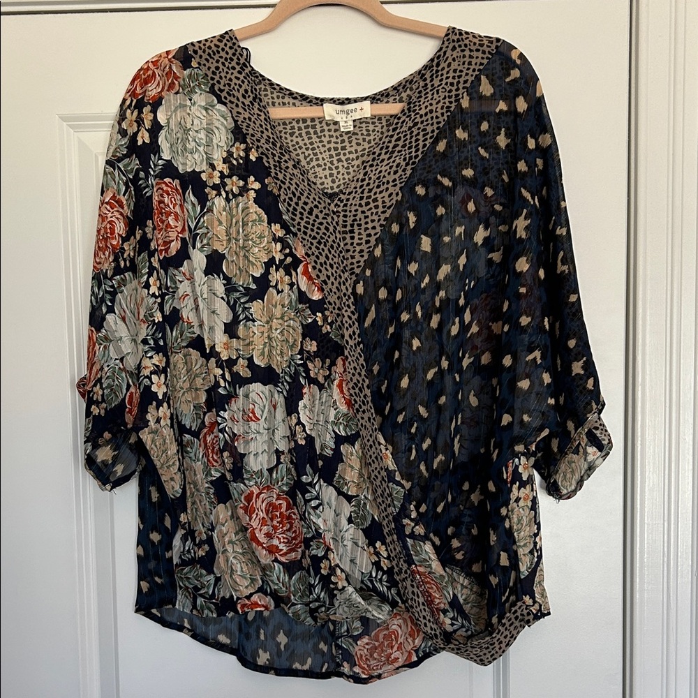 Umgee Navy Mixed Floral & Animal Print Wrap Blouse